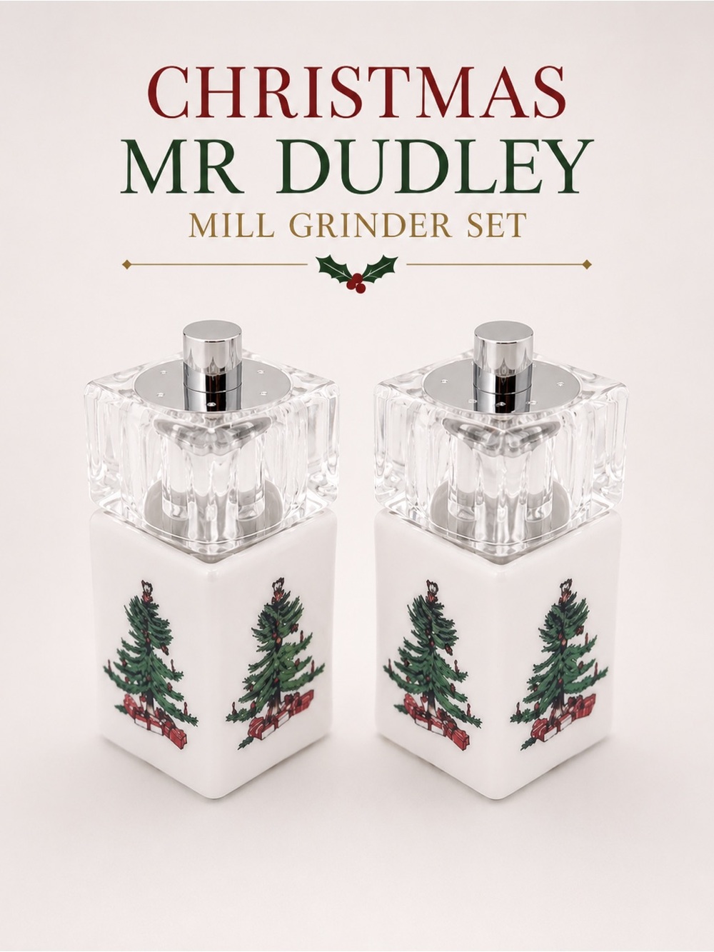 Mr. Dudley Christmas Tree Acrylic Pepper Mill Grinder Set – White Holiday Pair